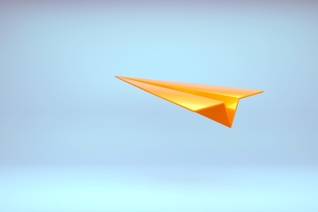 Ícone de avião de papel origami de ouro na ilustração de renderização 3d de fundo azul