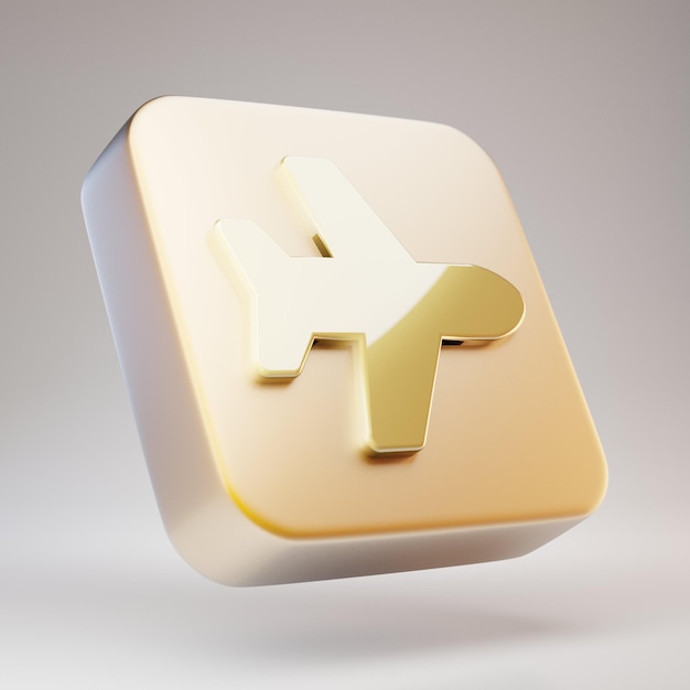 Ícone de avião. Símbolo do avião dourado na placa de ouro fosco. Ícone de mídia social renderizado 3D.
