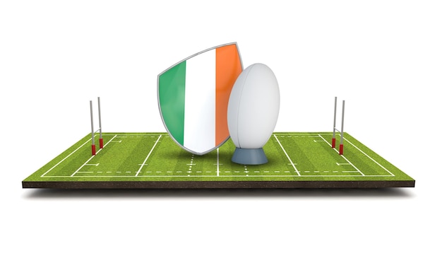 Ícone de bandeira de escudo de rugby da Irlanda com bola de rugby 3D Render
