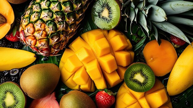 Ícone de buffet de frutas Doçura vitaminas frescura sabor toranja maçãs abacaxi manga paixão frutas cítricos banana melancia framboesa Gerado por IA