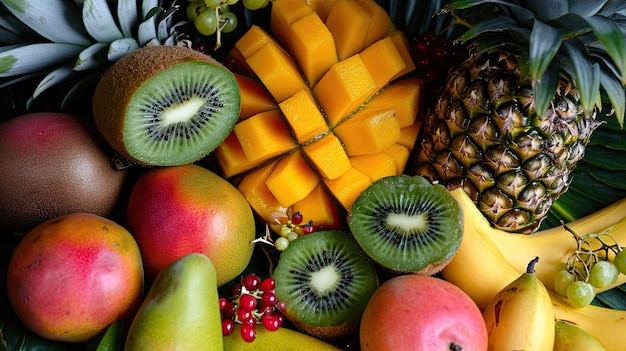 Ícone de buffet de frutas Doçura vitaminas frescura sabor toranja maçãs abacaxi manga paixão frutas cítricos banana melancia framboesa Gerado por IA