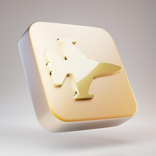 Ícone de caça a jato. Símbolo dourado Fighter Jet em placa de ouro fosco. Ícone de mídia social renderizado 3D.