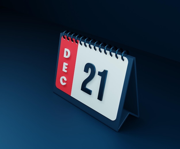 Ícone de calendário de mesa realista de dezembro ilustração 3D data 21 de dezembro