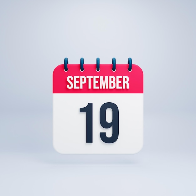 Ícone de calendário realista de setembro 3D renderizado 19 de setembro