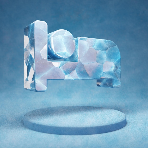 Ícone de cama. Símbolo de leito de gelo azul rachado no pódio de neve azul. Ícone de mídia social para site, apresentação, elemento de modelo de design. Renderização 3D.