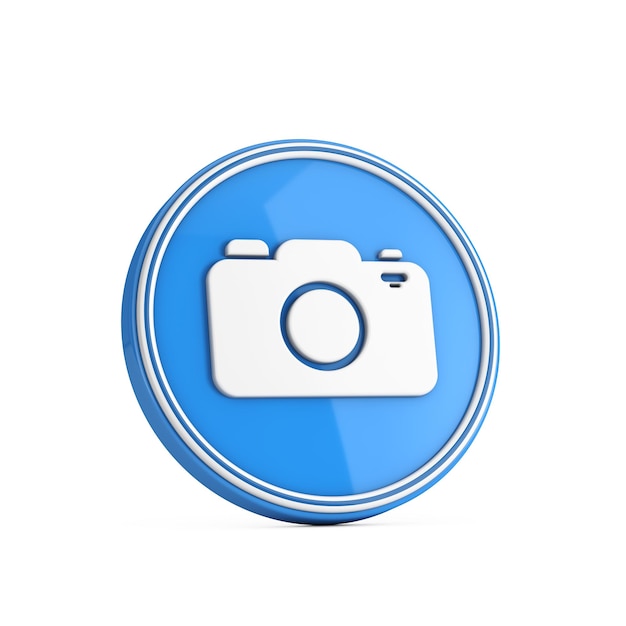 Ícone de câmera de foto branca em renderização em 3d de botão de círculo azul