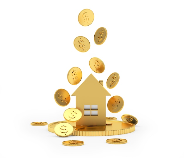 Ícone de casa dourada com moedas de dólar caindo 3d