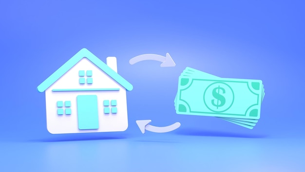 Ícone de casa e dinheiro O conceito de compra e venda de habitação renderização em 3d