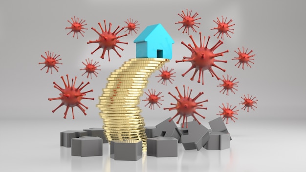 Ícone de casa na pilha de moedas de ouro, cercada por vírus