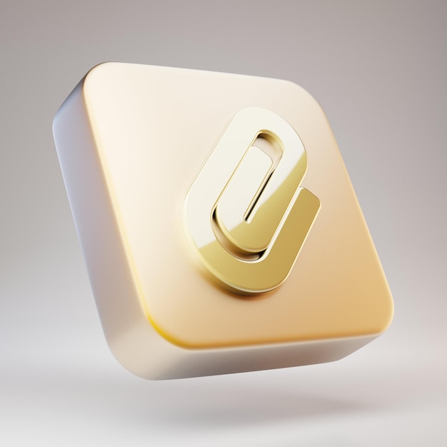 Ícone de clipe de papel. Símbolo de clipe de papel dourado na placa de ouro fosco. Ícone de mídia social renderizado 3D.