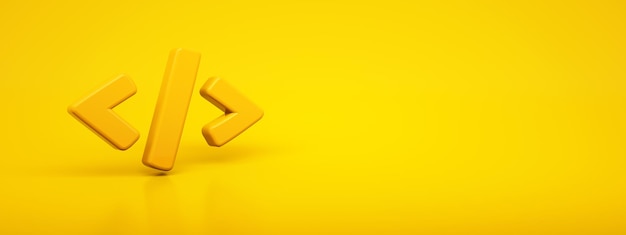 Ícone de código brilhante volumétrico 3D renderizado símbolo digital em fundo amarelo Ícone moderno para site