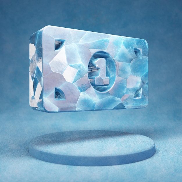 Ícone de conta de dinheiro. Símbolo de dinheiro de gelo azul rachado no pódio de neve azul. Ícone de mídia social para site, apresentação, elemento de modelo de design. Renderização 3D.