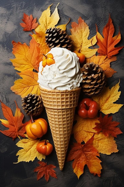 cone de creme flatlay com folhas de outono e abóboras em fundo texturizado