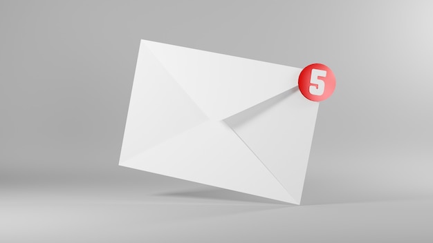 Ícone de e-mail do envelope 3D e ilustração de renderização 3D de notificação de cinco mensagens