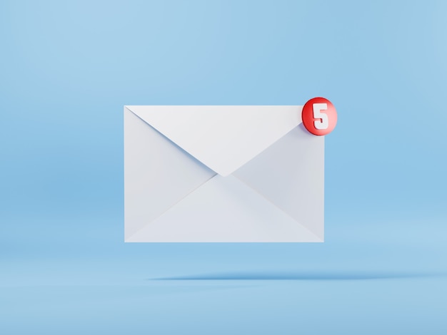 Ícone de e-mail do envelope 3D e ilustração de renderização 3D de notificação de cinco mensagens