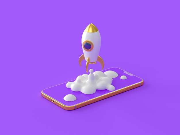 Ícone de foguete em fundo violeta. ilustração de renderização 3D.