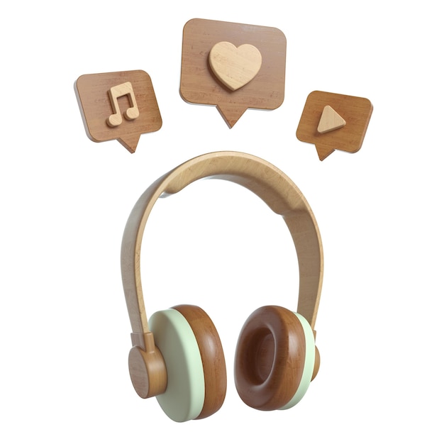 Ícone de fone de ouvido de madeira vintage com ilustração de renderização de pino de mídia social 3D