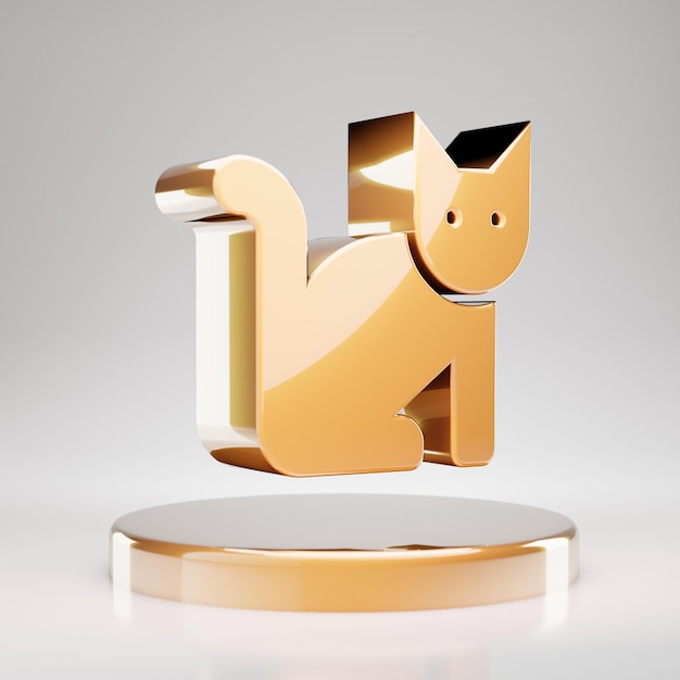 Ícone de gato. Símbolo do gato ouro amarelo no pódio dourado. Ícone de mídia social renderizado 3D.