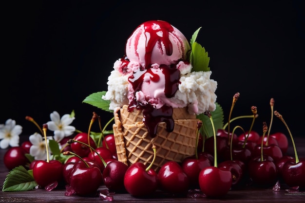 cone de gelado com cerejas