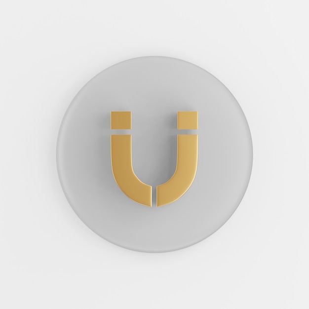 Ícone de ímã em ferradura dourada em estilo simples. Chave de botão redondo cinza de renderização 3D, elemento interface ui ux.