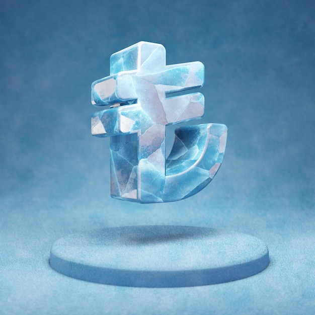 Ícone de Lira. Símbolo de Lira de gelo azul rachado no pódio de neve azul. Ícone de mídia social para site, apresentação, elemento de modelo de design. Renderização 3D.