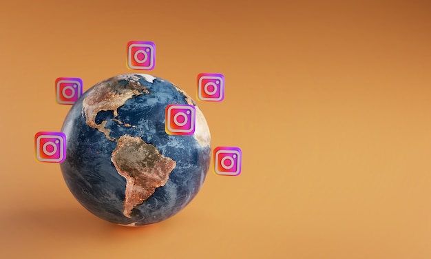 Ícone de logotipo do Instagram em torno da terra. Conceito de aplicativo popular.