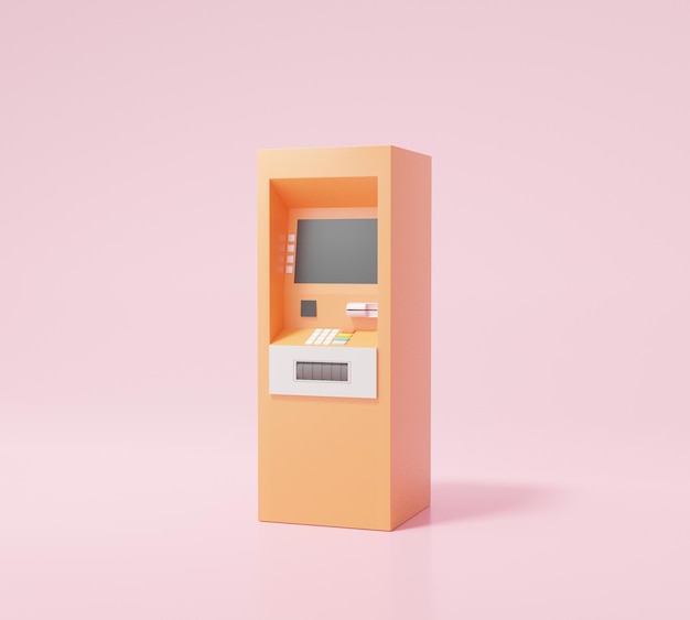 Ícone de máquina de depósito automático atm laranja no fundo rosa Conceito de conta de transferência de dinheiro desenho animado mínimo 3d render ilustração