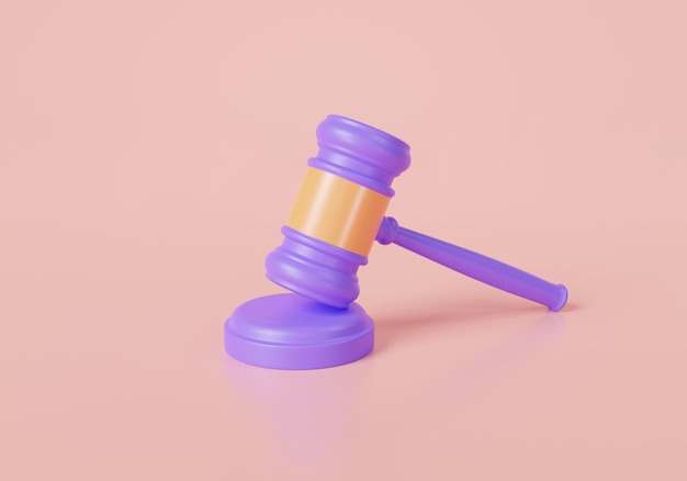 Ícone de martelo de juiz roxo isolado no julgamento de fundo rosa Martelo de lei de martelo Lei e sistema de justiça arbitram conceito de veredicto de martelo de tribunal 3d render ilustração Estilo minimalista dos desenhos animados