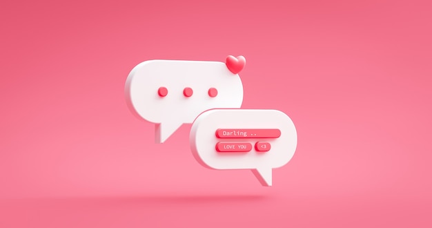 Ícone de mensagem de amor e notificação de bate-papo de namoro social on-line de coração rosa no fundo romântico feliz dia dos namorados com símbolo de relacionamento de citação de saudação. Renderização 3D.