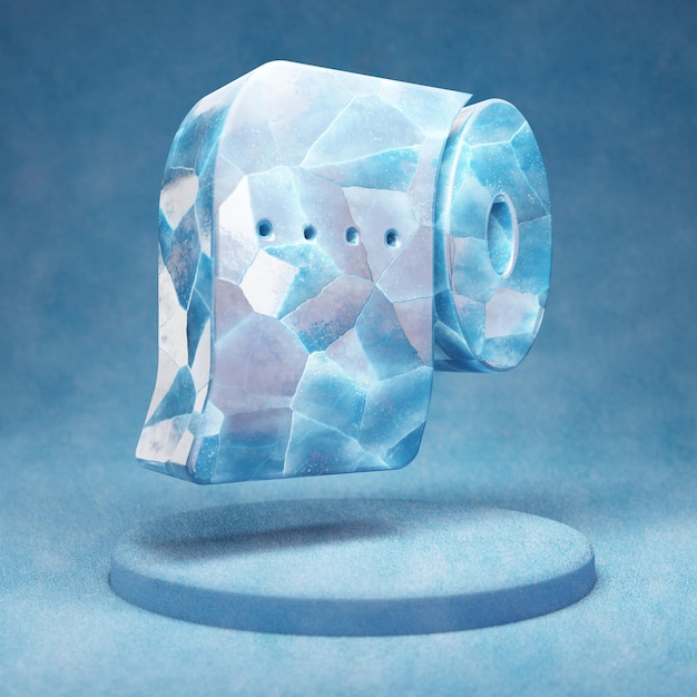 Ícone de papel higiênico. Símbolo de papel higiênico de gelo azul rachado no pódio de neve azul. Ícone de mídia social para site, apresentação, elemento de modelo de design. Renderização 3D.