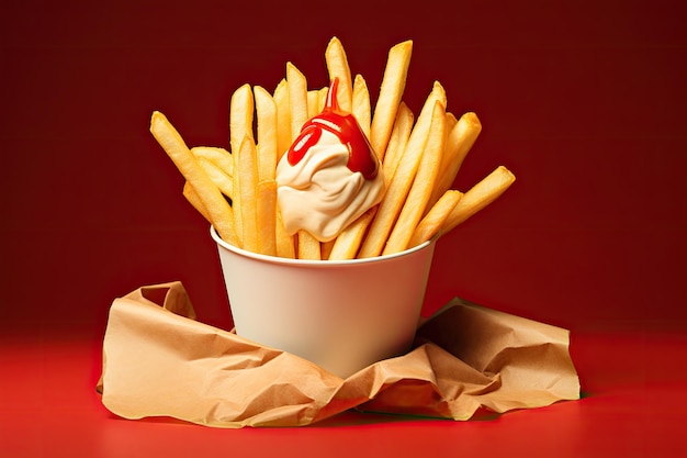 Cone de papel recheado com batatas fritas, maionese e ketchup transbordando