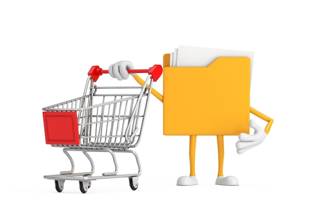 Ícone de pasta amarela Personagem de desenho animado Mascote com carrinho de compras Renderização 3D