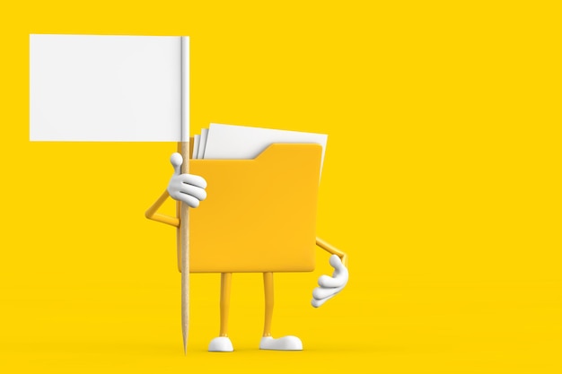 Ícone de pasta de arquivo amarelo Personagem de desenho animado Mascote com bandeira branca com espaço livre para seu design Renderização 3D