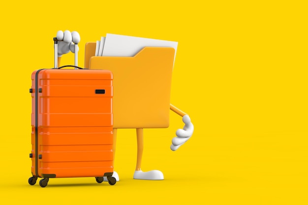 Ícone de pasta de arquivo amarelo Personagem de desenho animado Mascote com mala de viagem laranja Renderização 3D