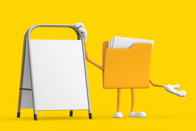 Ícone de pasta de arquivo amarelo Personagem de desenho animado Mascote com publicidade branca Promoção Stand Rendering 3d