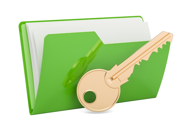 Ícone de pasta de computador verde com renderização de chave 3D