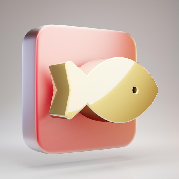 Ícone de peixe. Símbolo de peixe dourado na placa de ouro vermelho fosco. Ícone de mídia social renderizado 3D.