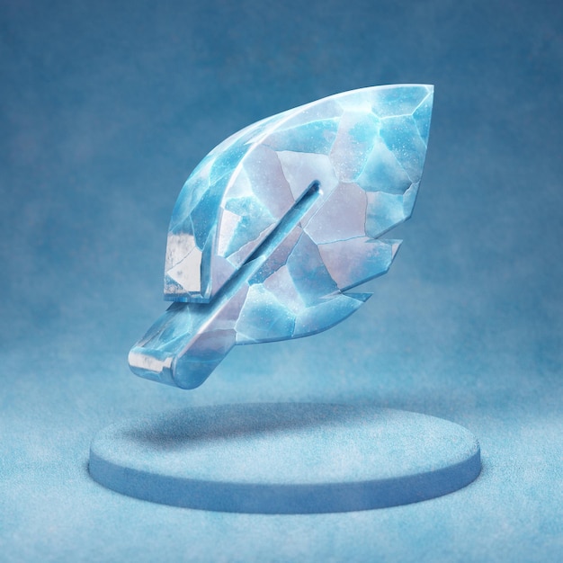 Ícone de penas. Símbolo de pena de gelo azul rachado no pódio de neve azul. Ícone de mídia social para site, apresentação, elemento de modelo de design. Renderização 3D.