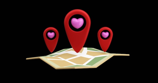 Ícone de pino de símbolo de localização vermelha com coração e marca na ilustração 3d de fundo do mapa de destino