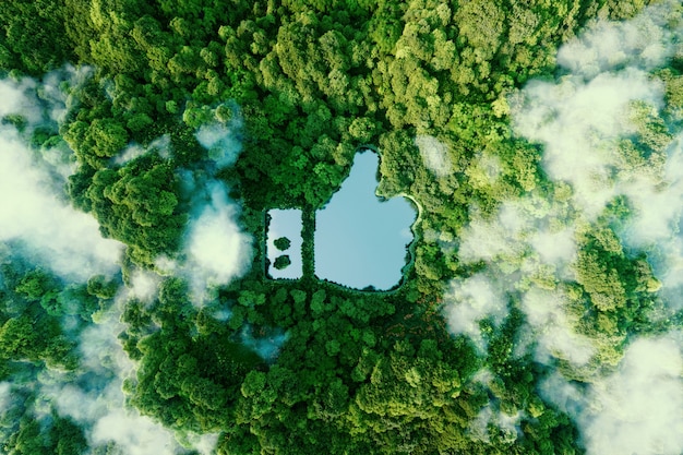 Ícone de polegar para cima - semelhante a um ícone na forma de um lago transparente no meio de uma exuberante floresta virgem. Renderização 3D.