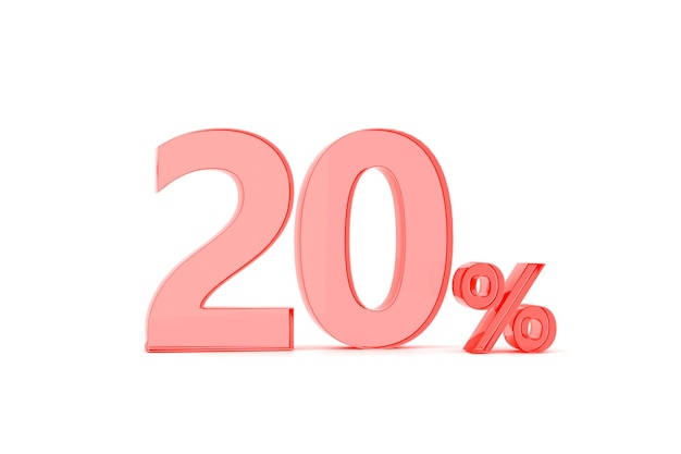 Ícone de porcentagem 3D em vidro vermelho na ilustração 3d de fundo branco