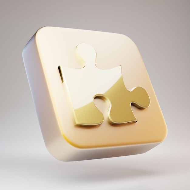 Ícone de quebra-cabeça. Símbolo de quebra-cabeça dourado em placa de ouro fosco. Ícone de mídia social renderizado 3D.