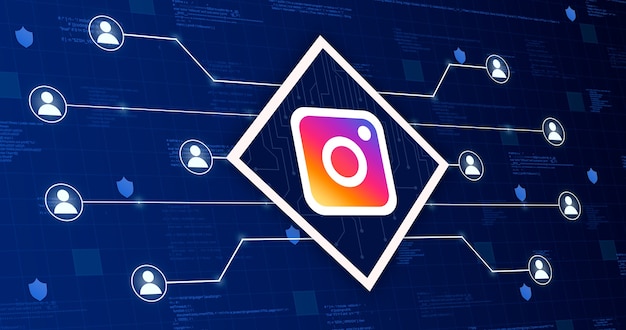 Ícone de rede social do Instagram conectando o sistema com outros usuários em um fundo tecnológico com elementos de código 3d