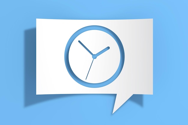Ícone de relógio de relógio de círculo na renderização 3d de bolha de discurso de papel branco recortado
