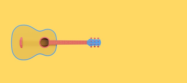 Ícone de renderização 3D de visão frontal de guitarra acústica multicolorida no espaço de fundo amarelo para texto