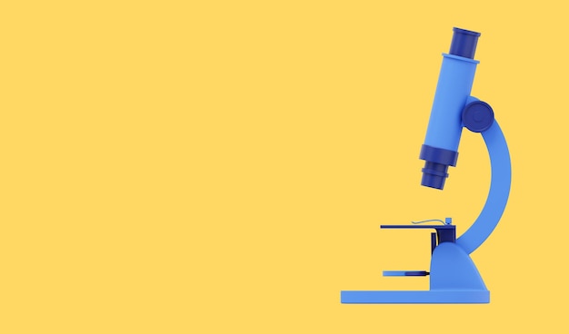 Ícone de renderização 3D do microscópio azul dos desenhos animados no espaço de texto de fundo amarelo