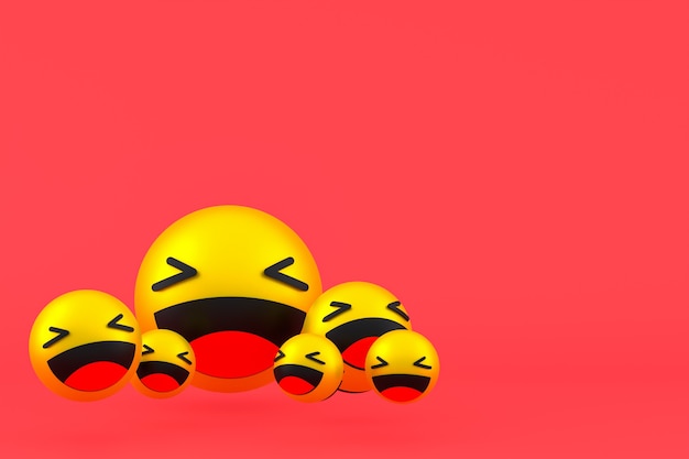 Ícone de risada Reações do Facebook emoji renderização 3D, símbolo de balão de mídia social em fundo vermelho