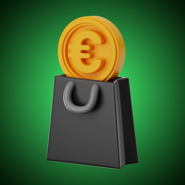 Ícone de sacola de compras de moedas Dólar Finance renderização em 3D em fundo isolado