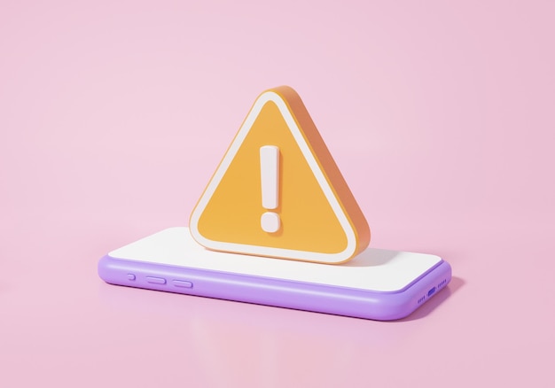 Ícone de símbolo de aviso de triângulo laranja de exclamação no conceito de segurança de alerta de erro de tecnologia de smartphone isométrico isolado fundo rosa ilustração de renderização 3d