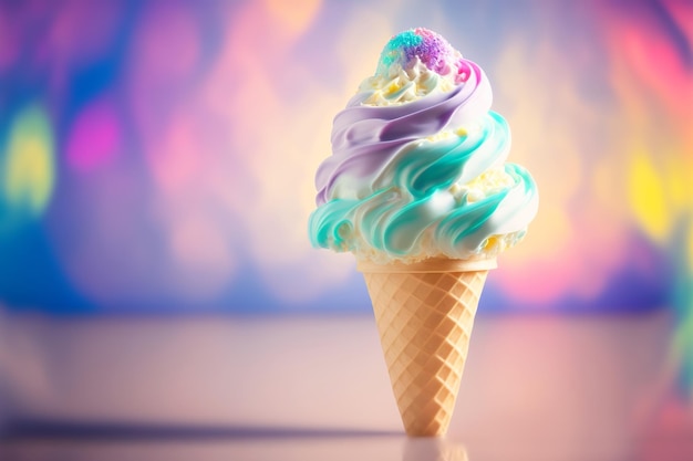 Cone de sorvete arco-íris closeup em um fundo de fantasia Ilustração generativa de IA